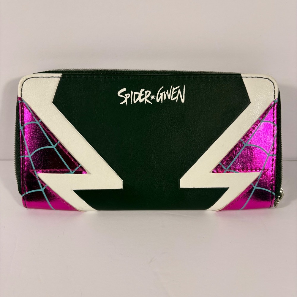 Marvel Spider-Gwen Zip Around Wallet Black Metallic Pink Web Graphic